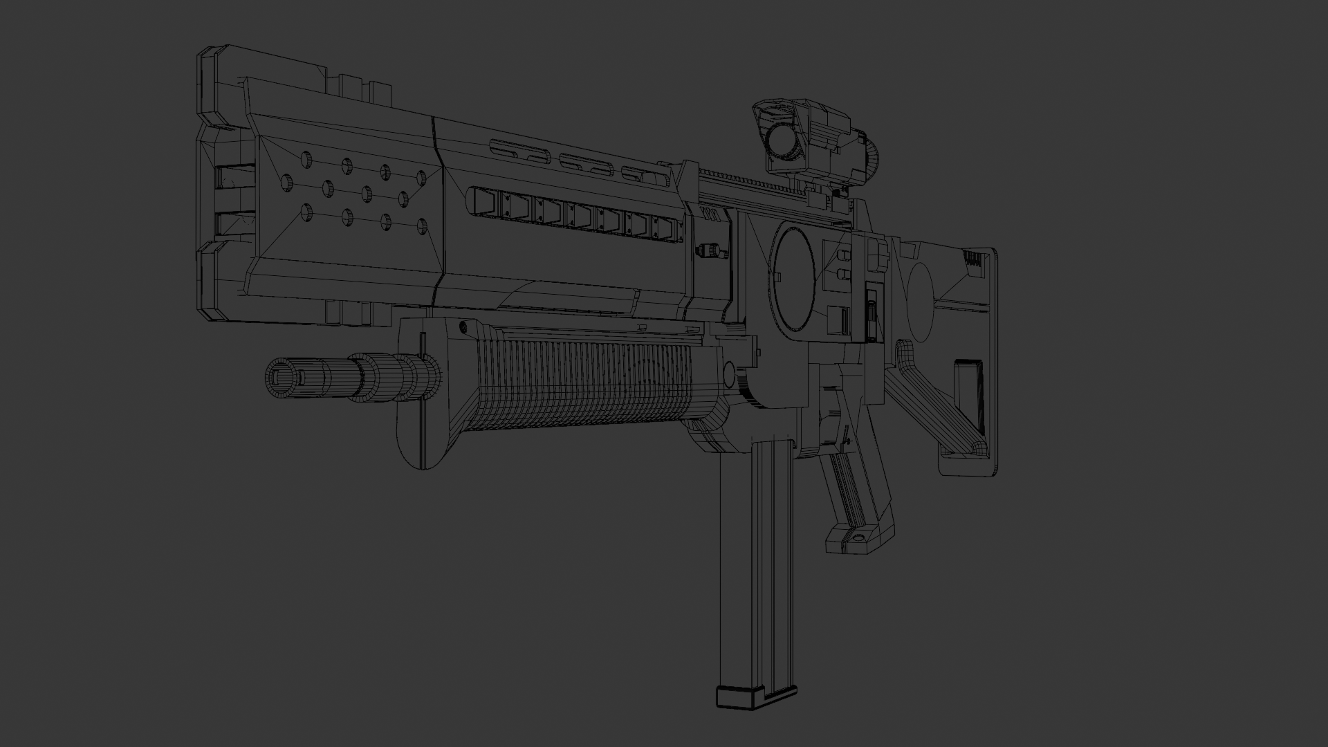 Sci-Fi Weapon — assault rifle wireframe topology